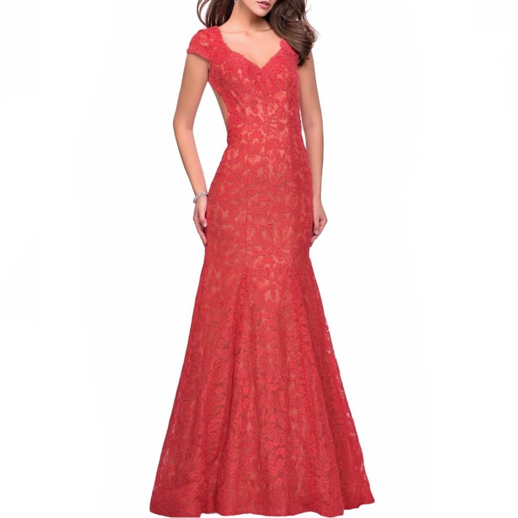 New La Femme Coral Lace Mermaid Maxi Dress